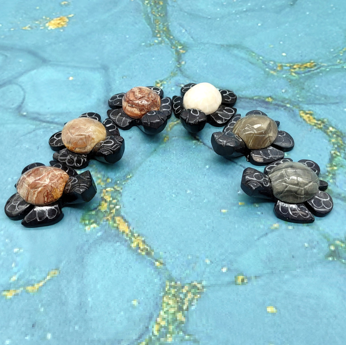 Natural Marble Stone Black Sea Turtle (1 stone figure approx. 2+ inches) Carved Marble Turtle Figurine for coastal home shelf decor!