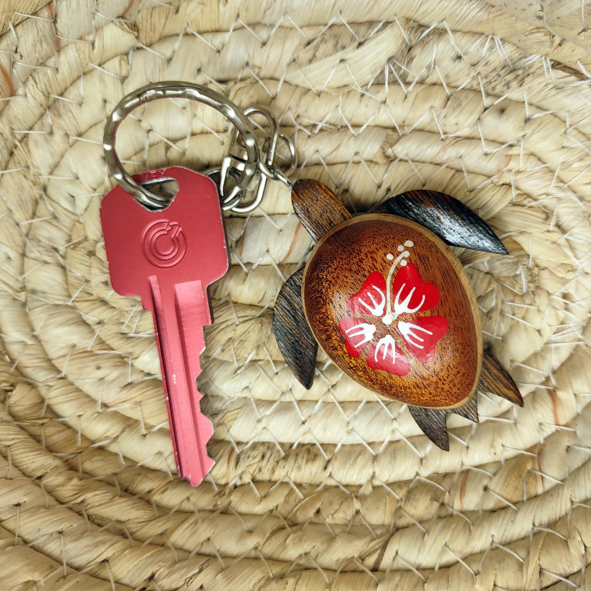 Red Hibiscus Painted Wooden Sea Turtle Keychain (1 keychain approx. 4.25+ inches) Wooden Sea Turtle Key Fob for gifting or party favors!
