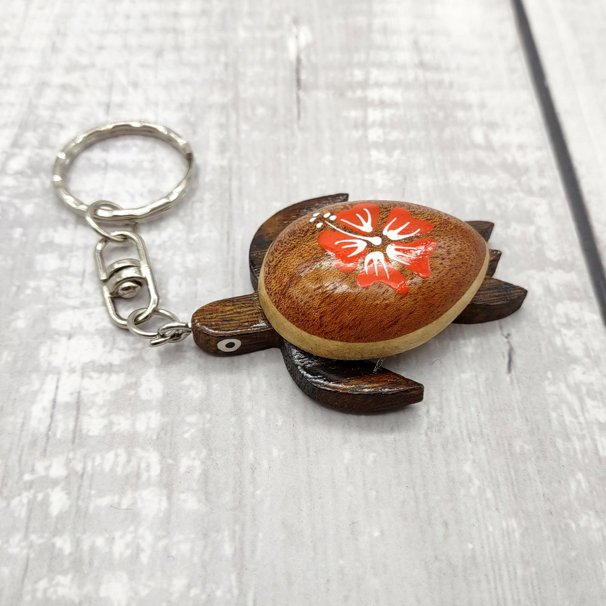 Orange Hibiscus Painted Wooden Sea Turtle Keychain (1 keychain approx. 4.25+ inches) Wooden Sea Turtle Key Fob for gifting or party favors!