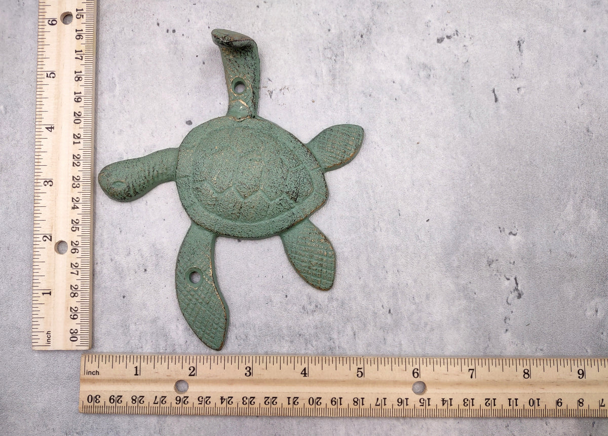 Cast Iron Green Patina Sea Turtle Wall Hook (1 cast iron hook approx. 6+ inches) Verdigris Sea Turtle Wall Hanger for coastal home decor!