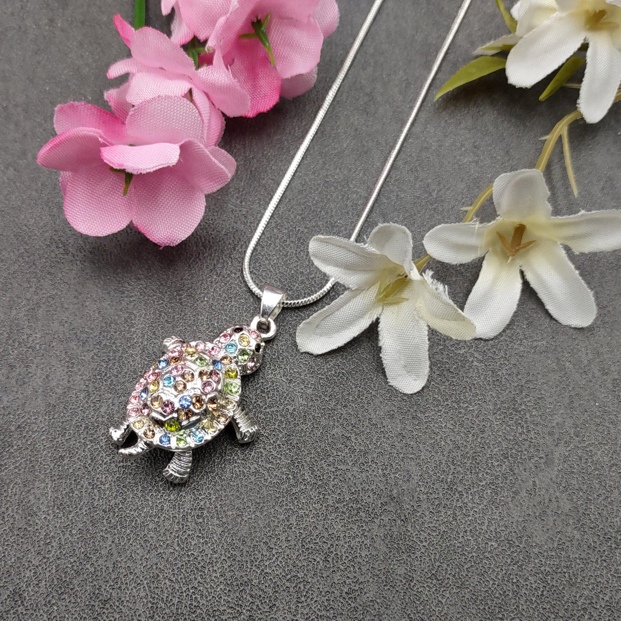 Multi Color Sea Turtle Necklace Rhinestone Pendant (approx. 16+ inches AROUND) Colorful Sea Turtle Jewelry a gift for ocean life enthusiast!
