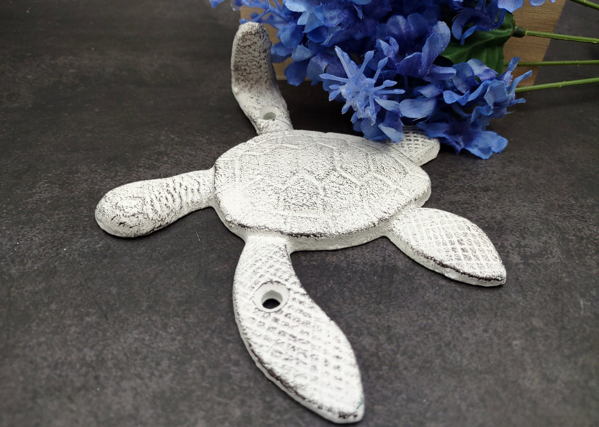 Cast Iron Antique White Sea Turtle Wall Hook (1 cast iron hook approx. 6+ inches) Functional Sea Turtle Wall Hanger for coastal home decor!