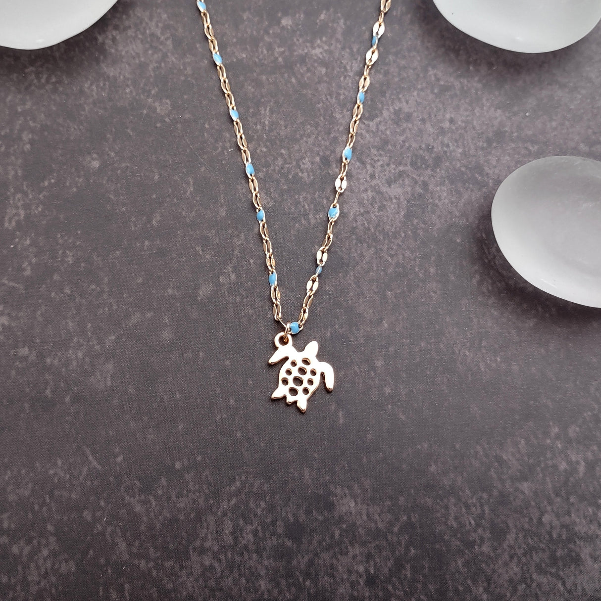 Sea Turtle Necklace Blue Gold Color (1 necklace approx. 16+ inches AROUND) Gold Tone Light Blue Sea Turtle charm necklace for gifting!