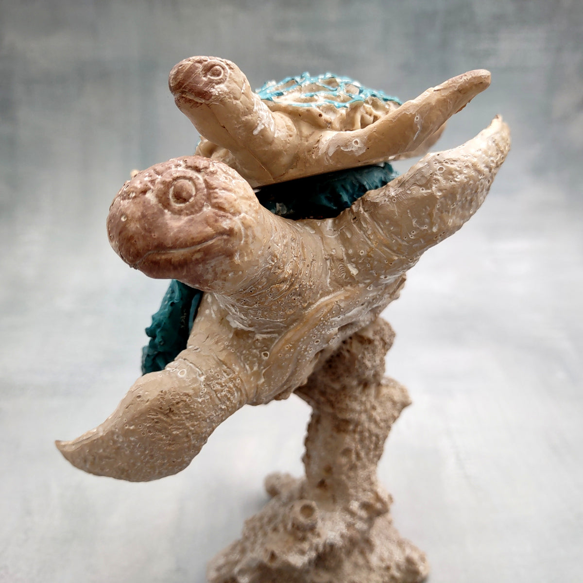 Sea Blue Mom & Baby Sea Turtles on Coral Figure (1 figure approx. 8+ inches tall) Blue Grey Sea Turtle Pair Figure for coastal home decor!