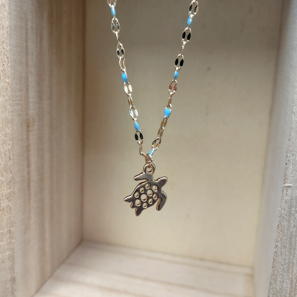 Sea Turtle Necklace Blue Gold Color (1 necklace approx. 16+ inches AROUND) Gold Tone Light Blue Sea Turtle charm necklace for gifting!