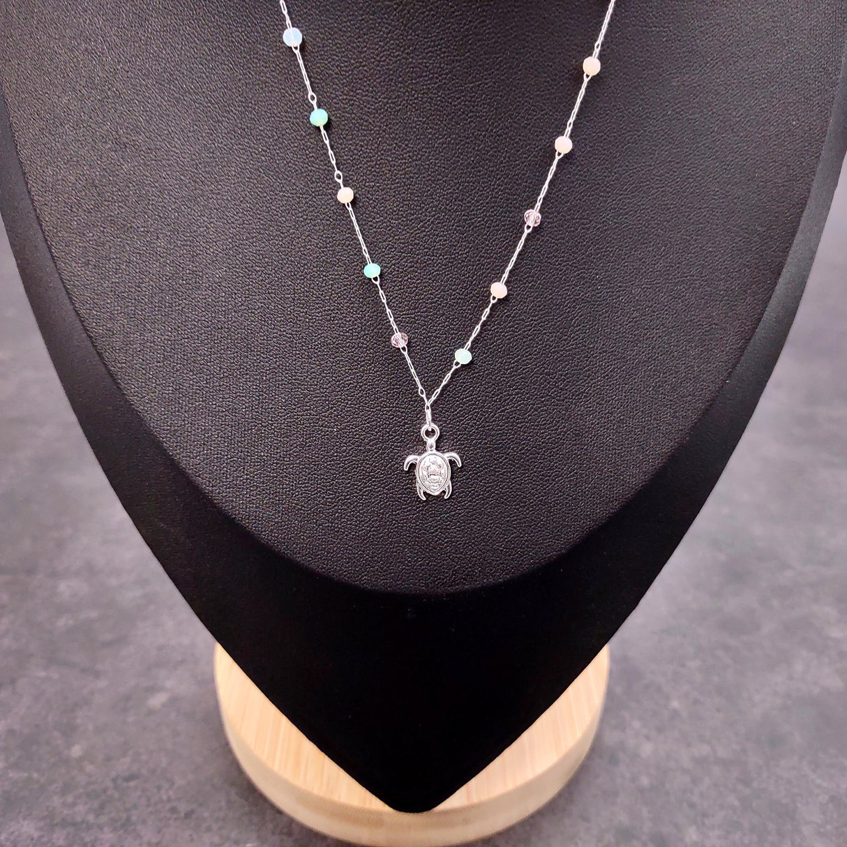 Sea Turtle Charm Necklace Delicate Green Peach White Beads (approx. 14+ inches AROUND) Silver Sea Turtle Necklace great for gifting!