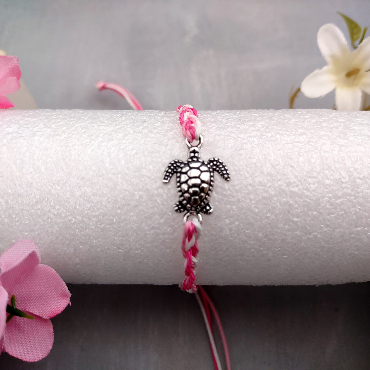 Sea Turtle Bracelet Braided Cord Magenta Pink White (approx. 5-7+ inches AROUND) Rose Blush White Knit String Sea Turtle Bracelet to gift!