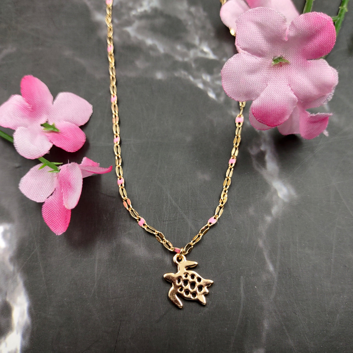 Sea Turtle Necklace Pink Gold Color (1 necklace approx. 16+ inches AROUND) Elegant Gold Tone Pink Sea Turtle charm necklace for gifting!
