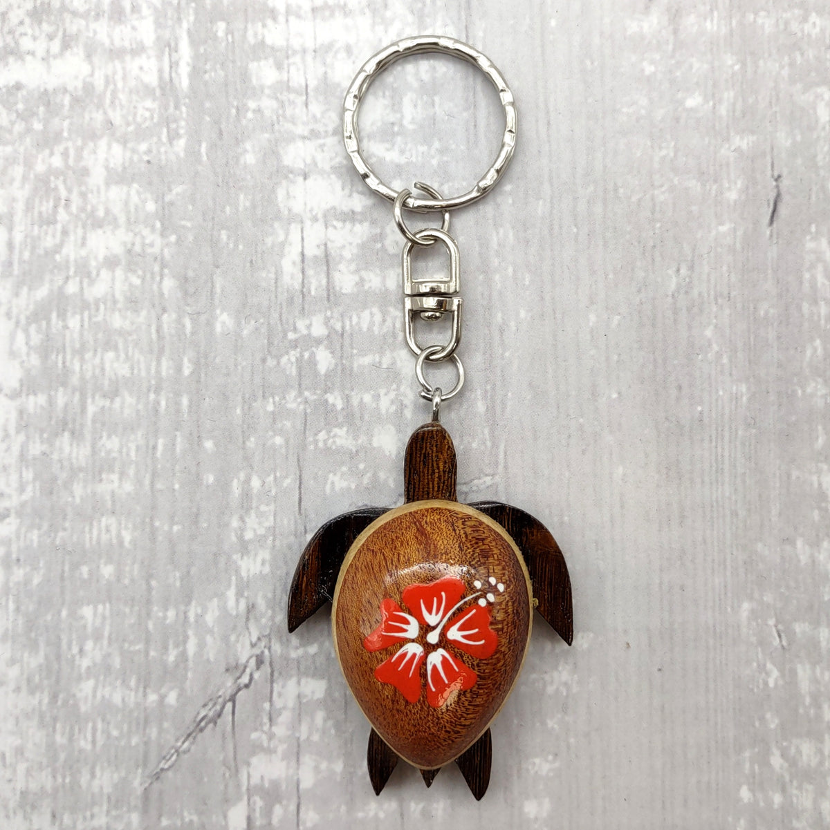 Orange Hibiscus Painted Wooden Sea Turtle Keychain (1 keychain approx. 4.25+ inches) Wooden Sea Turtle Key Fob for gifting or party favors!