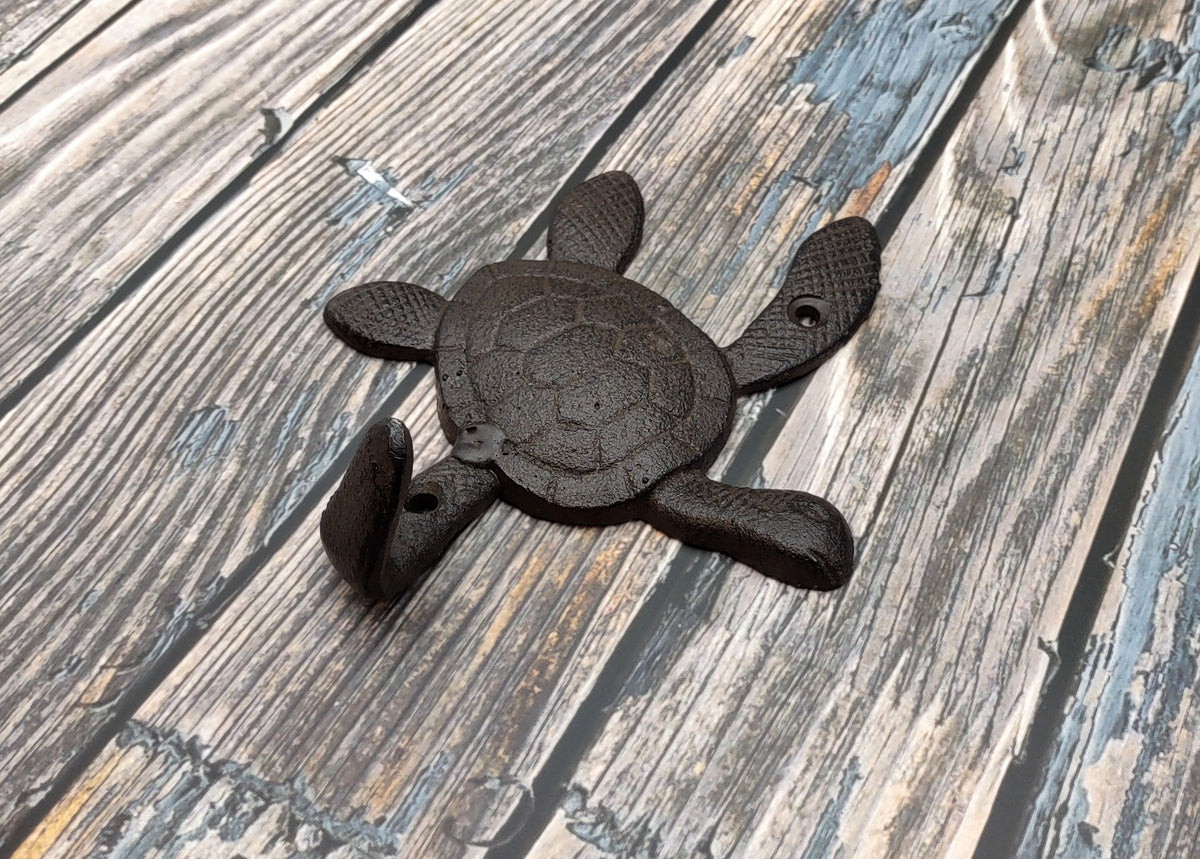 Dark Rust Cast Iron Sea Turtle Wall Hook (1 cast iron hook approx. 6+ inches) Dark Patina Sea Turtle Wall Hanger for coastal home decor!