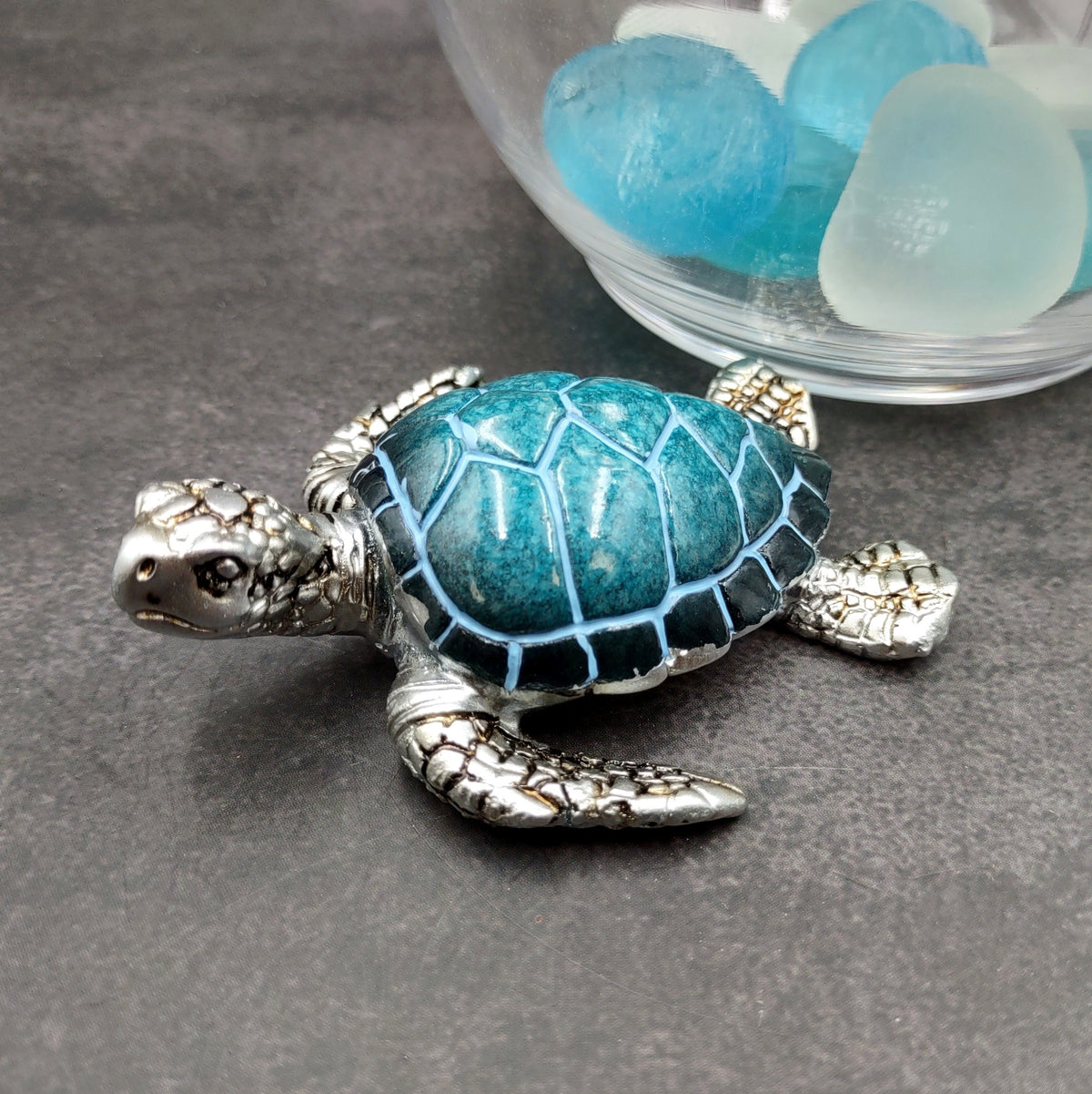 Silver Blue Sea Turtle Resin Painted Figurine (1 turtle approx. 3+ inches) Resin Silver Blue Sea Turtle Figure for gifting décor & display!
