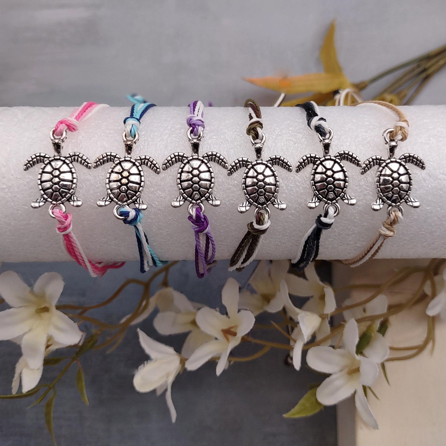Sea Turtle Charm Bracelet Lavender Purple White Cord (approx. 5-7+ inches AROUND) Purple Sea Turtle String Bracelet Jewelry for gifting!