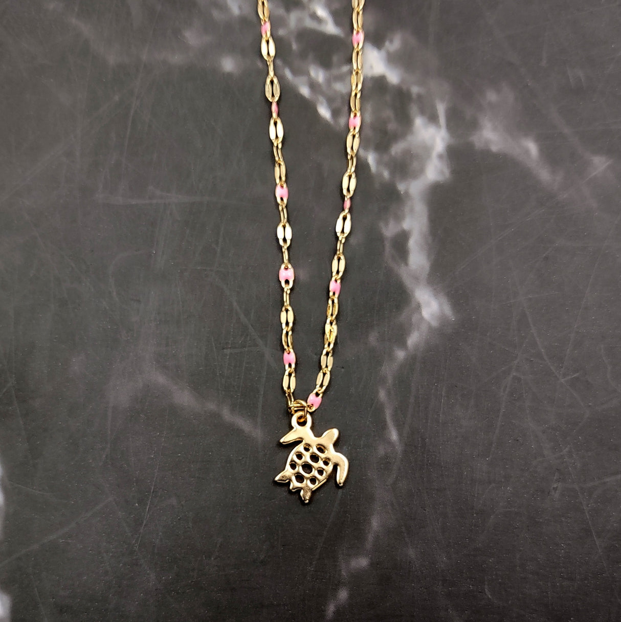 Sea Turtle Necklace Pink Gold Color (1 necklace approx. 16+ inches AROUND) Elegant Gold Tone Pink Sea Turtle charm necklace for gifting!