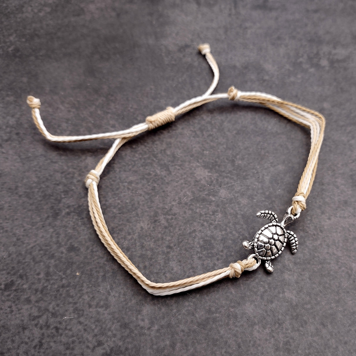 Sea Turtle Charm Bracelet Taupe Beige White Cord (approx. 5-7+ inches AROUND) Tan white Sea Turtle Cord Bracelet great for gifting!
