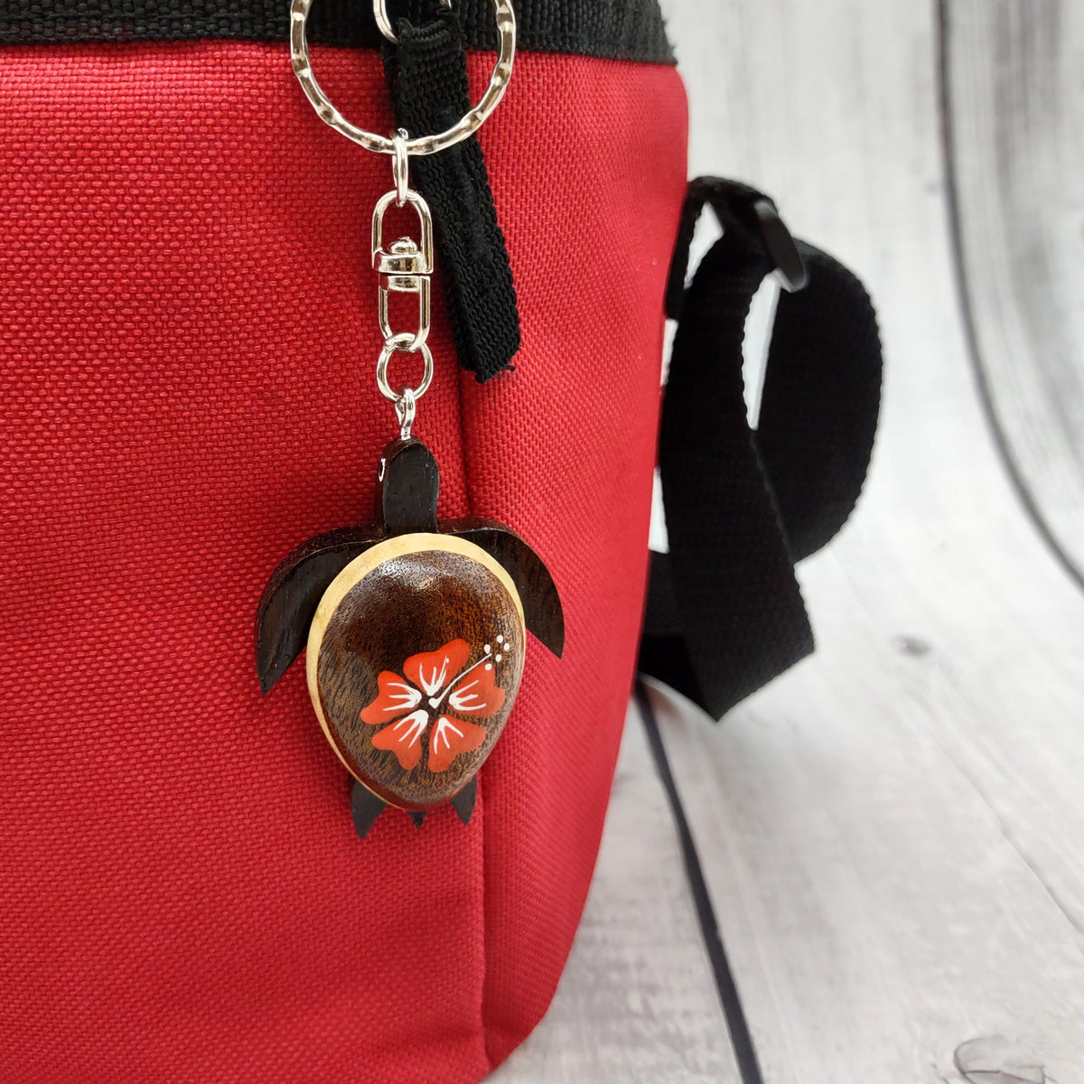 Orange Hibiscus Painted Wooden Sea Turtle Keychain (1 keychain approx. 4.25+ inches) Wooden Sea Turtle Key Fob for gifting or party favors!