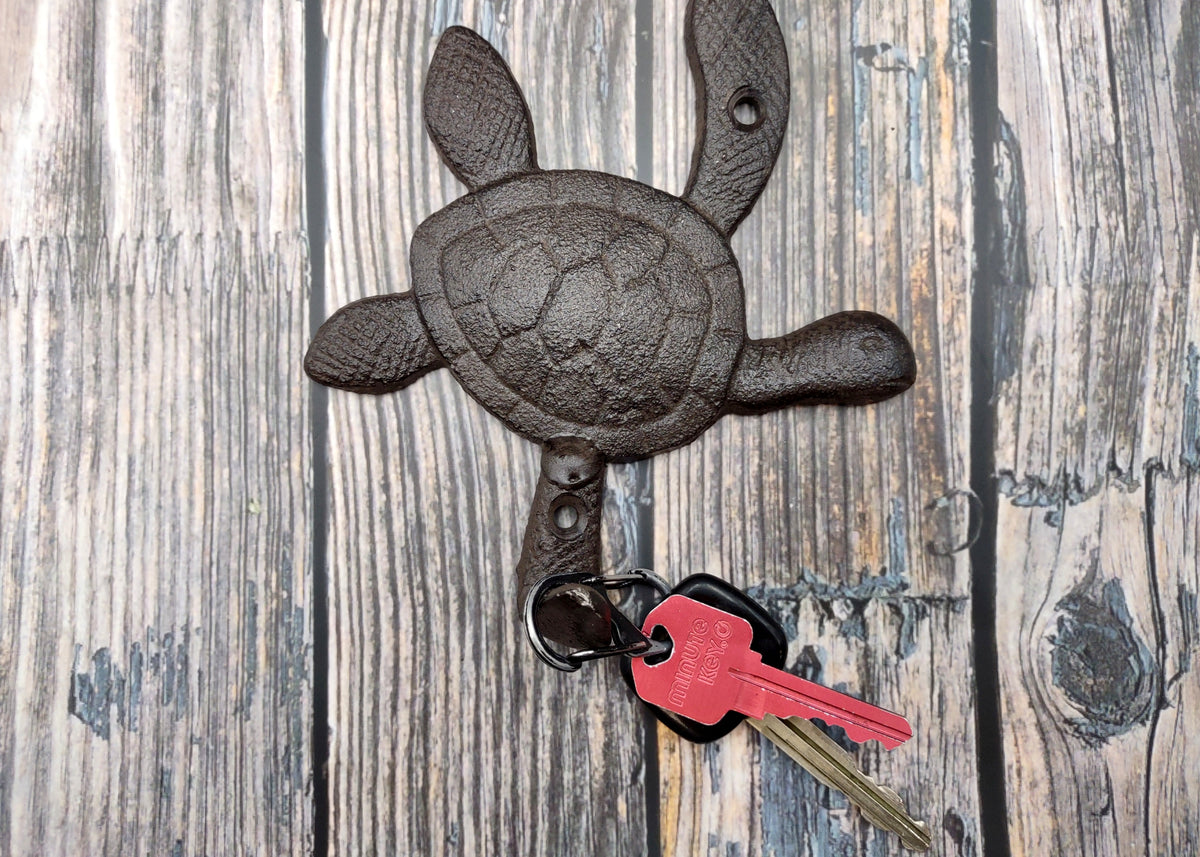 Dark Rust Cast Iron Sea Turtle Wall Hook (1 cast iron hook approx. 6+ inches) Dark Patina Sea Turtle Wall Hanger for coastal home decor!