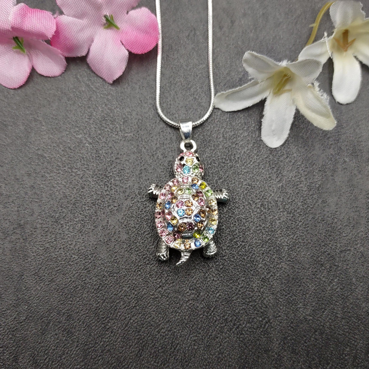 Multi Color Sea Turtle Necklace Rhinestone Pendant (approx. 16+ inches AROUND) Colorful Sea Turtle Jewelry a gift for ocean life enthusiast!