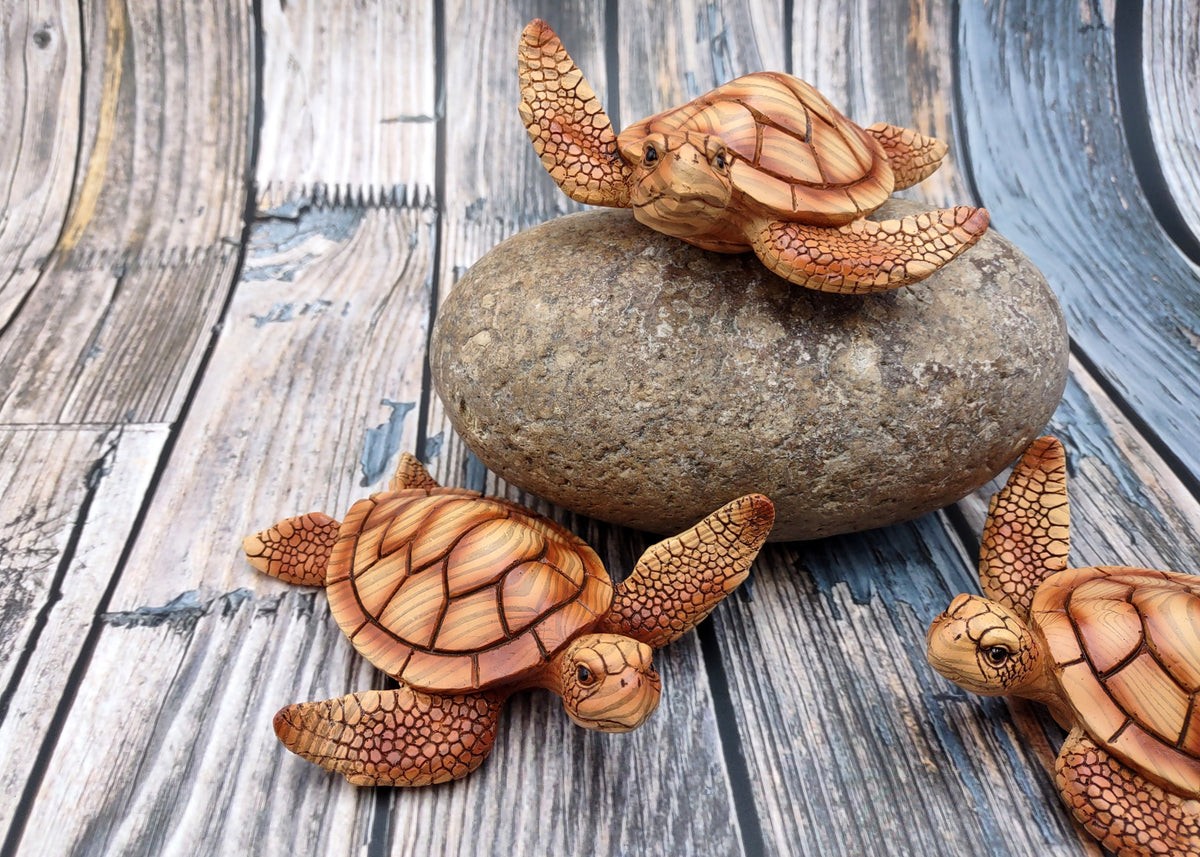 Sea Turtle Figurine Brown Wood Style (1 turtle approx. 5+ inches) Resin Sea Turtle Figure for coastal beach home display & decoration!