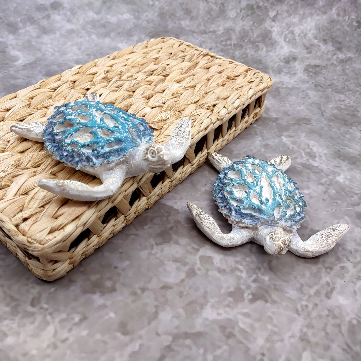 White Sea Turtle Blue Coral Shell Figurine (1 figure approx. 4+ inches) Rough White Blue Sea Turtle Statuette for decor gifts & collecting!