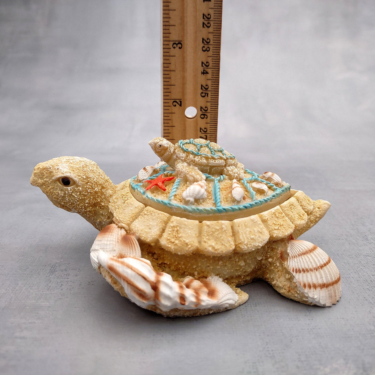Sandy Sea Turtle With Baby Trinket Box (1 ring box approx. 4+ inches) Sandy Shell Resin Sea Turtle Keepsake Box for coastal home décor!