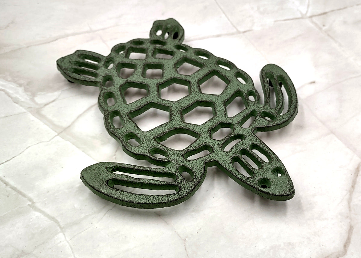 Cast Iron Sea Turtle Green Metal Trivet (1 trivet approx. 7+ inches wide) Green Metal Sea Turtle Trivet adds coastal charm & protection!