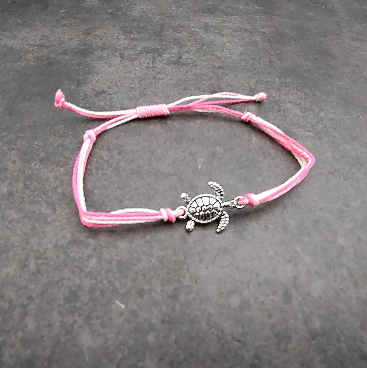 Sea Turtle Charm Bracelet Pink White Cord (approx. 5-7+ inches AROUND) Rose Carnation Sea Turtle String Bracelet Jewelry a thoughtful gift!