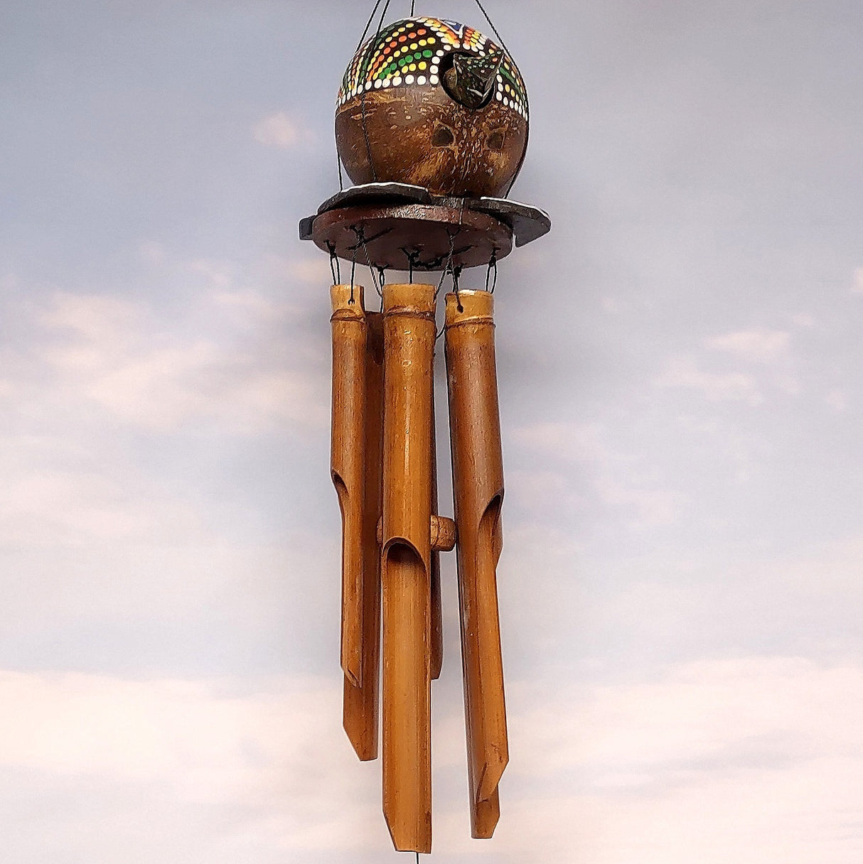 Painted Coconut Sea Turtle Bamboo Wind Chime Green Orange Dots (1 windchime approx. 38 x 6.5 inches) Hanging Turtle Chime for beachy home!
