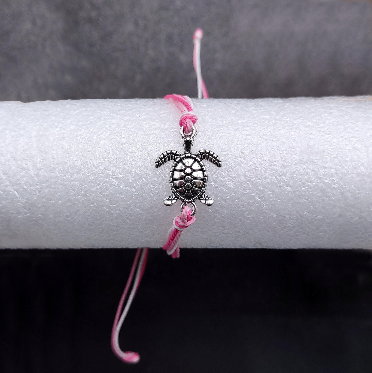 Sea Turtle Charm Bracelet Pink White Cord (approx. 5-7+ inches AROUND) Rose Carnation Sea Turtle String Bracelet Jewelry a thoughtful gift!