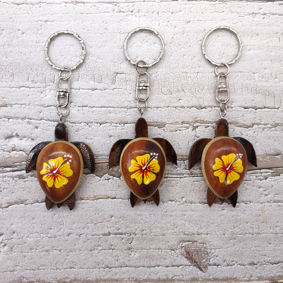 Yellow Hibiscus Painted Wooden Sea Turtle Keychain (1 key fob approx. 4.25+ inches) Wooden Sea Turtle Keychain for gifting or party favors!