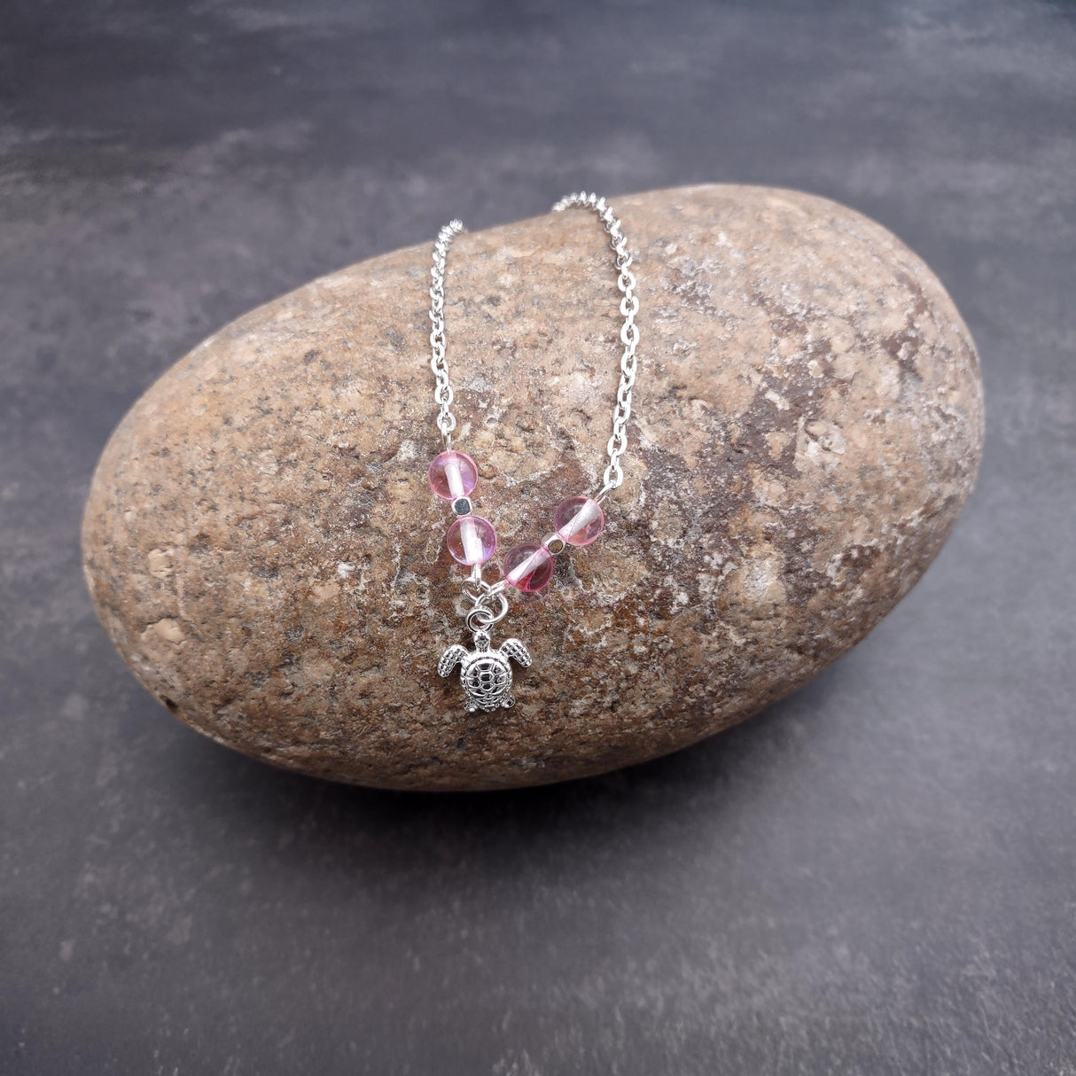 Sea Turtle Anklet Light Pink Beads Silver Color (approx. 9+ inches AROUND) Cute Pink Sea Turtle Charm Anklet for any beachy outfit!