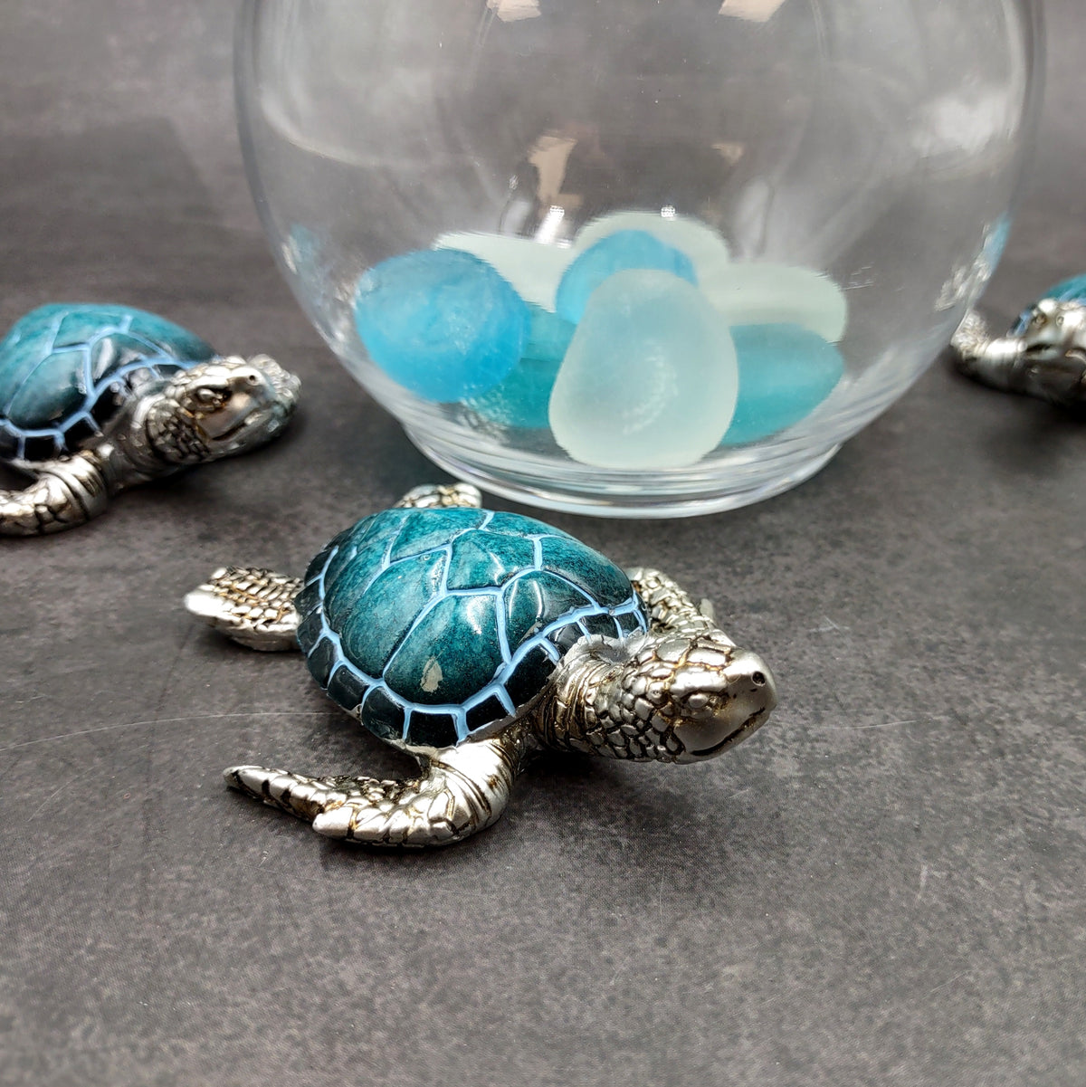 Silver Blue Sea Turtle Resin Painted Figurine (1 turtle approx. 3+ inches) Resin Silver Blue Sea Turtle Figure for gifting décor & display!