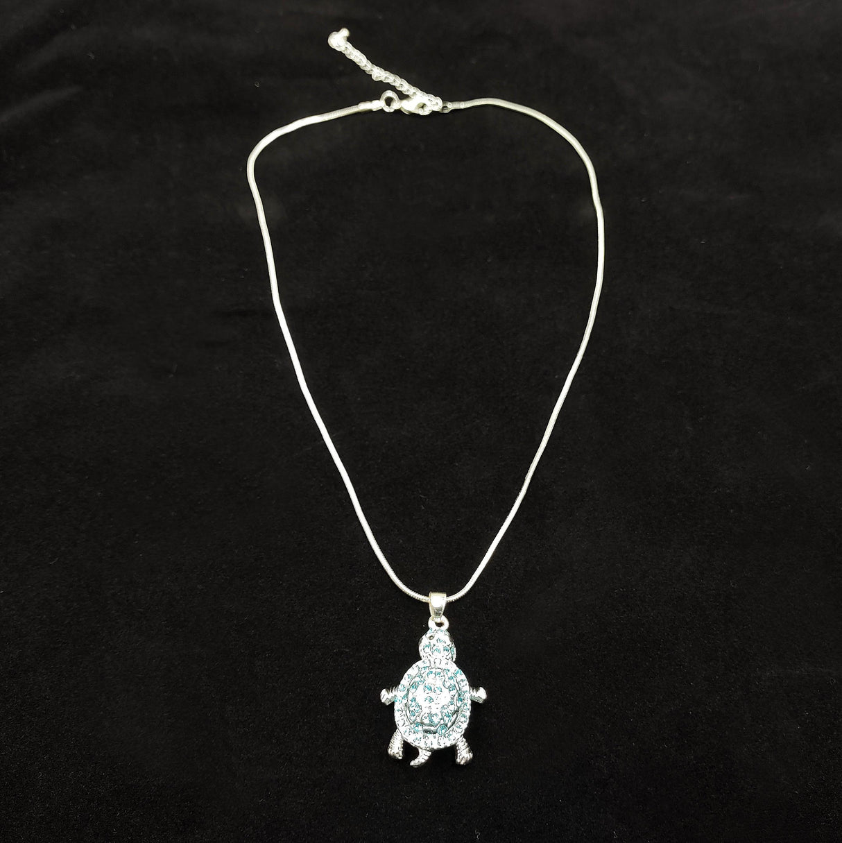 Aqua Rhinestone Sea Turtle Pendant Necklace (approx. 16+ inches AROUND) Teal Sea Turtle Jewelry a gift for ocean & sea turtle enthusiast!