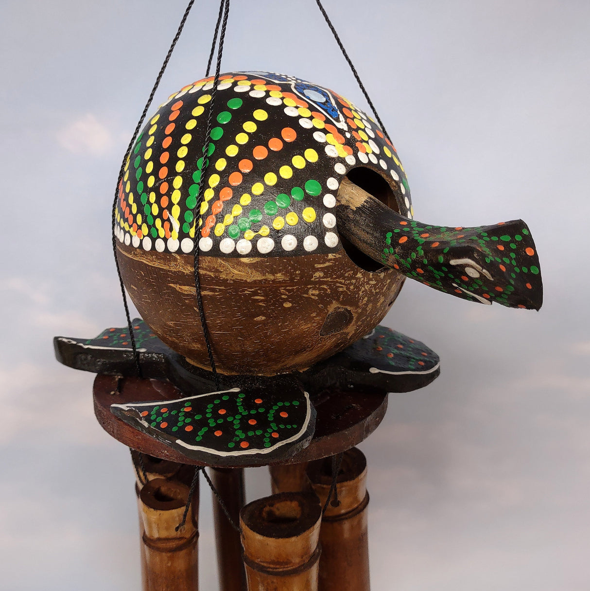 Painted Coconut Sea Turtle Bamboo Wind Chime Green Orange Dots (1 windchime approx. 38 x 6.5 inches) Hanging Turtle Chime for beachy home!