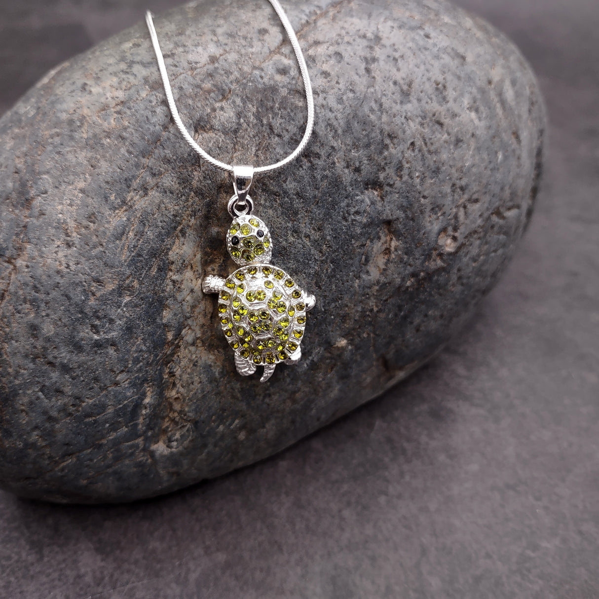 Green Sea Turtle Necklace Silver Rhinestone Pendant (approx. 16+ inches AROUND) Colorful Sea Turtle Jewelry a gift for ocean life lovers!