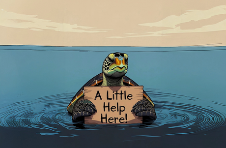 A cartoon of a sea turtle asking for help