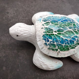 Beach Glass Sea Turtle Blue Green Mosaic Shell Figurine (1 sea turtle approx. 5.5 inches long) Glass Mosaic Shell Sea Turtle for home decor!