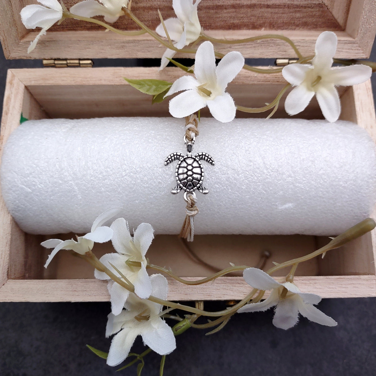 Sea Turtle Charm Bracelet Taupe Beige White Cord (approx. 5-7+ inches AROUND) Tan white Sea Turtle Cord Bracelet great for gifting!