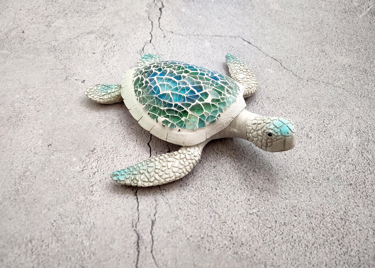 Sea Turtle Blue Green Glass Mosaic Shell Figurine (1 figure approx. 6.25+ inches long) Glass Mosaic Shell Sea Turtle Figure for home decor!