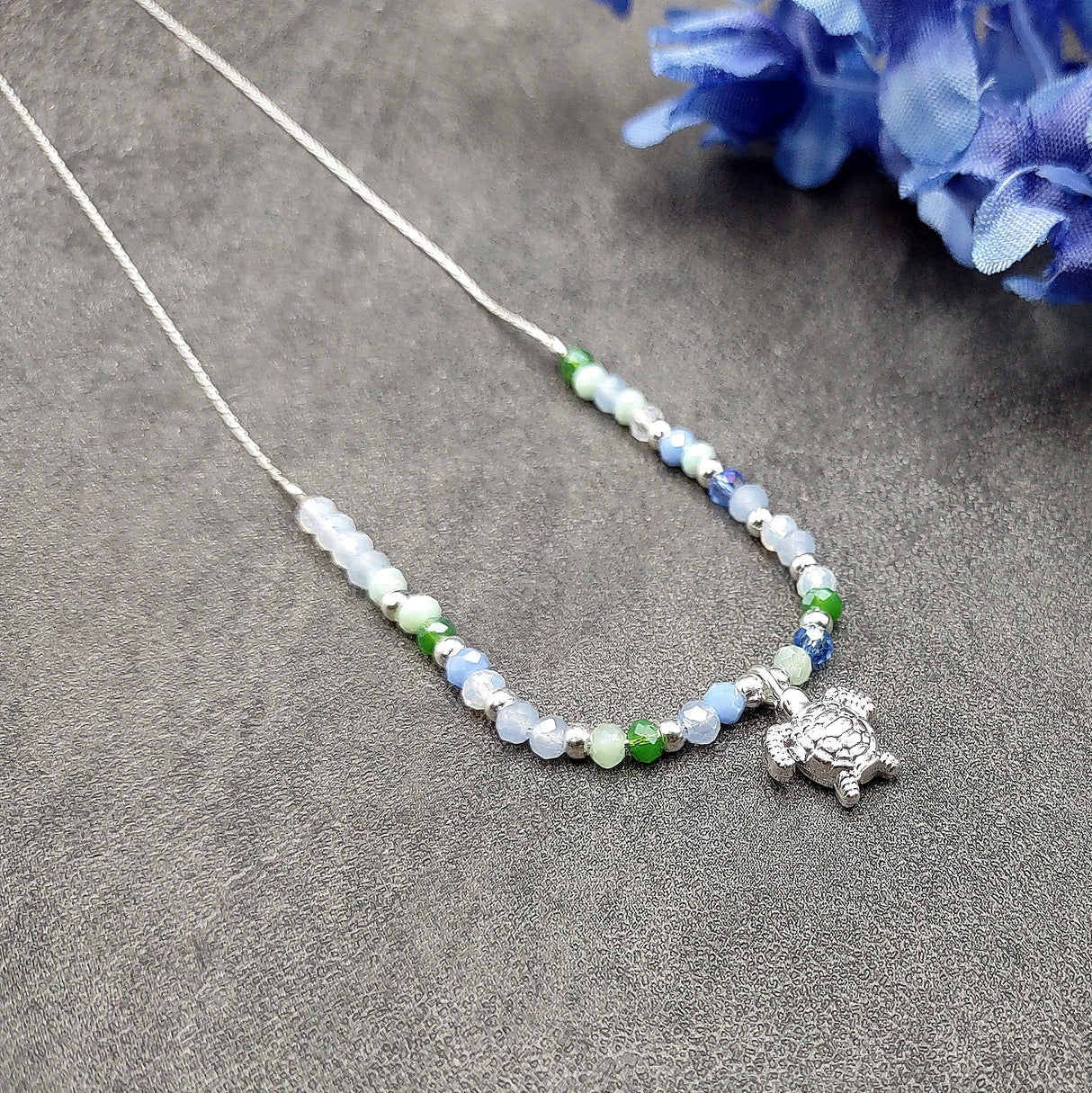Sea Turtle Charm Necklace Blue Green White Beads Silver Color (approx. 14+ inches AROUND) Sea Turtle Necklace Jewelry for seaside wear!