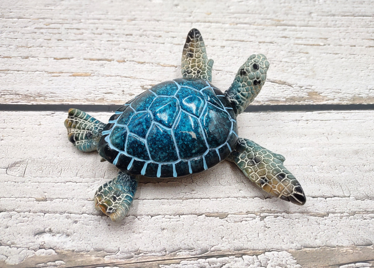 Blue Sea Turtle Figurine Painted Resin (1 turtle approx. 5.75+ inches long) Blue Painted Resin Sea Turtle Figure for coastal home decor!