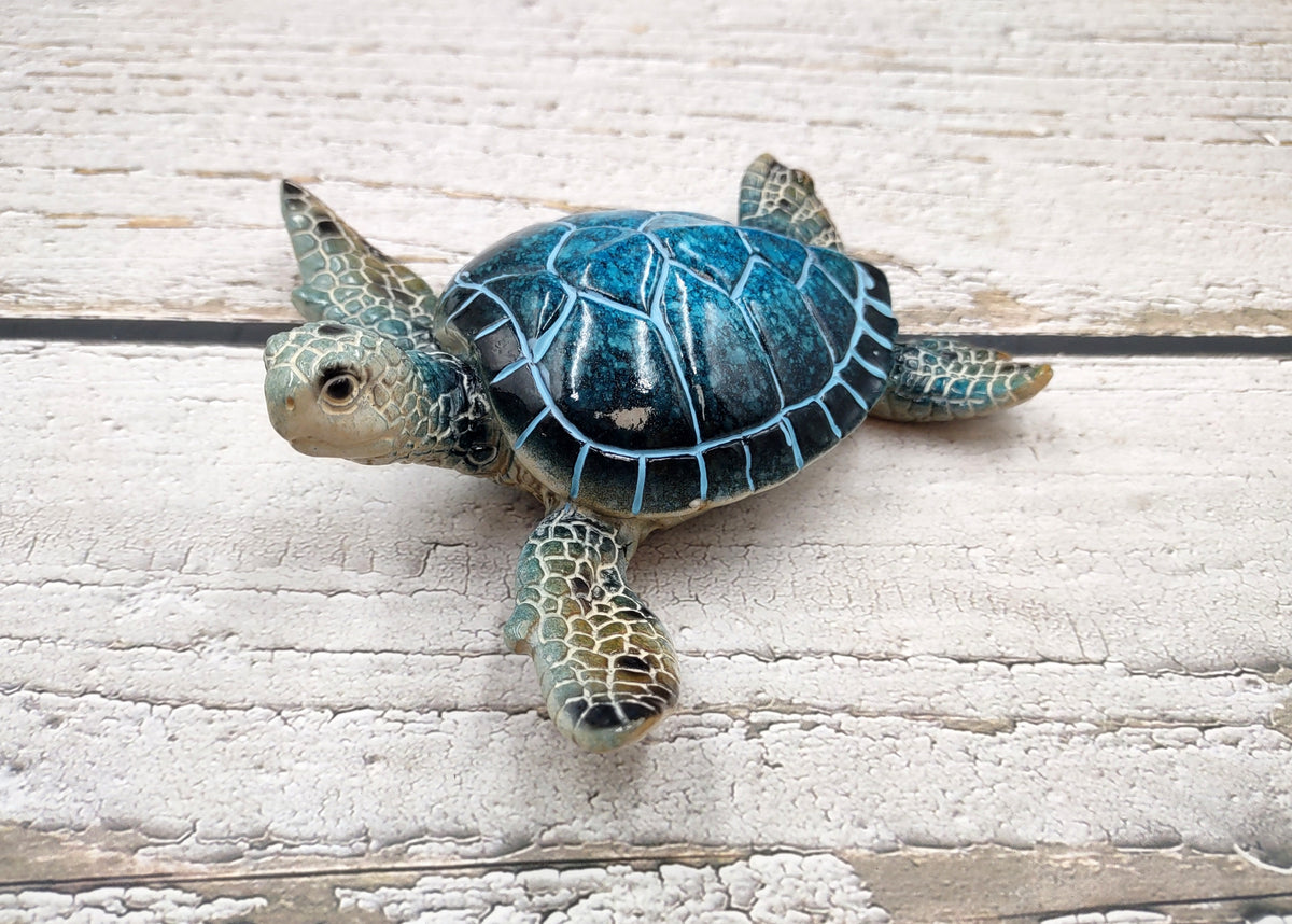 Blue Sea Turtle Figurine Painted Resin (1 turtle approx. 5.75+ inches long) Blue Painted Resin Sea Turtle Figure for coastal home decor!