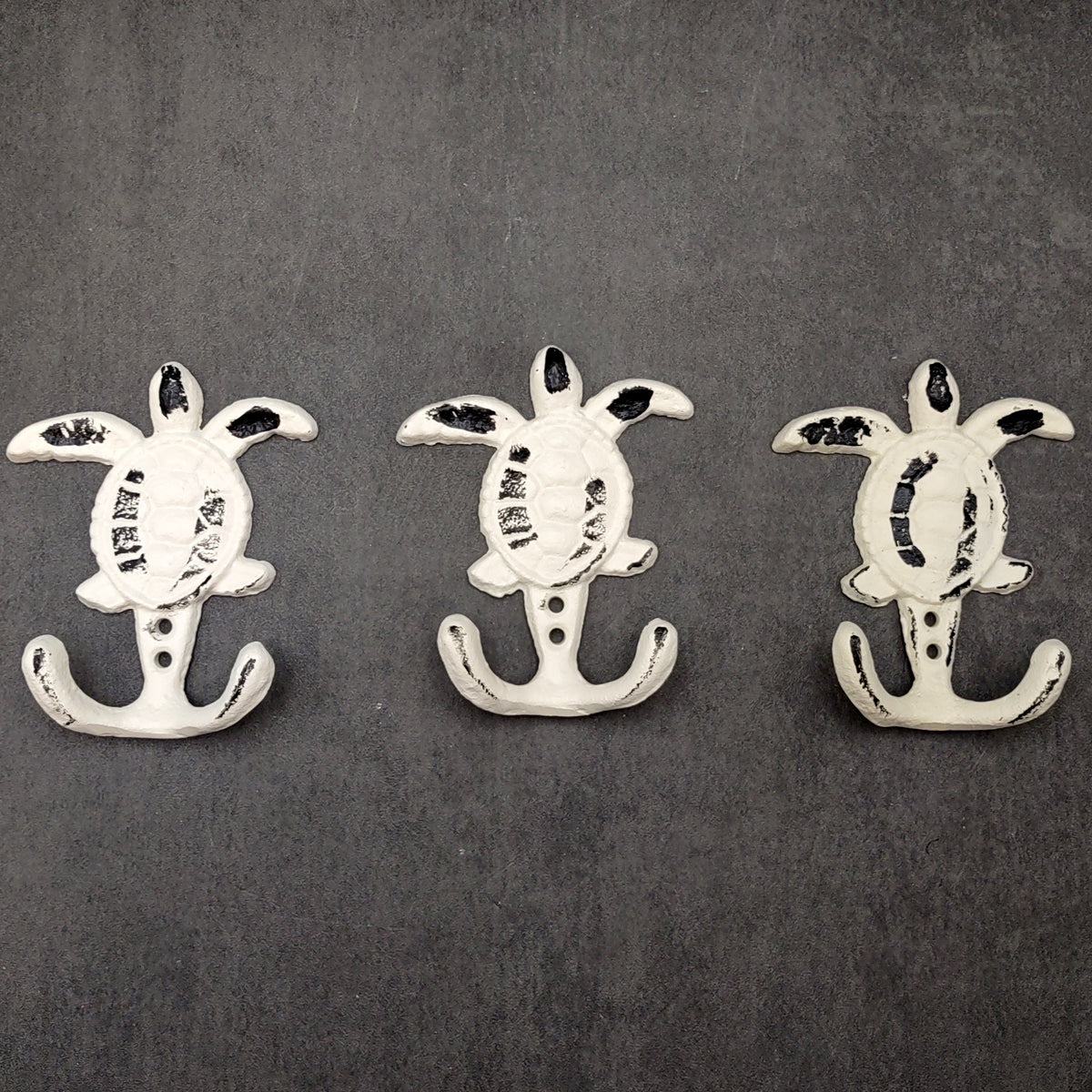 Cast Iron Sea Turtle Wall Hooks White Distressed (1 metal hook approx. 4.75+ inches) White Sea Turtle Double Wall Hook for coastal decor!
