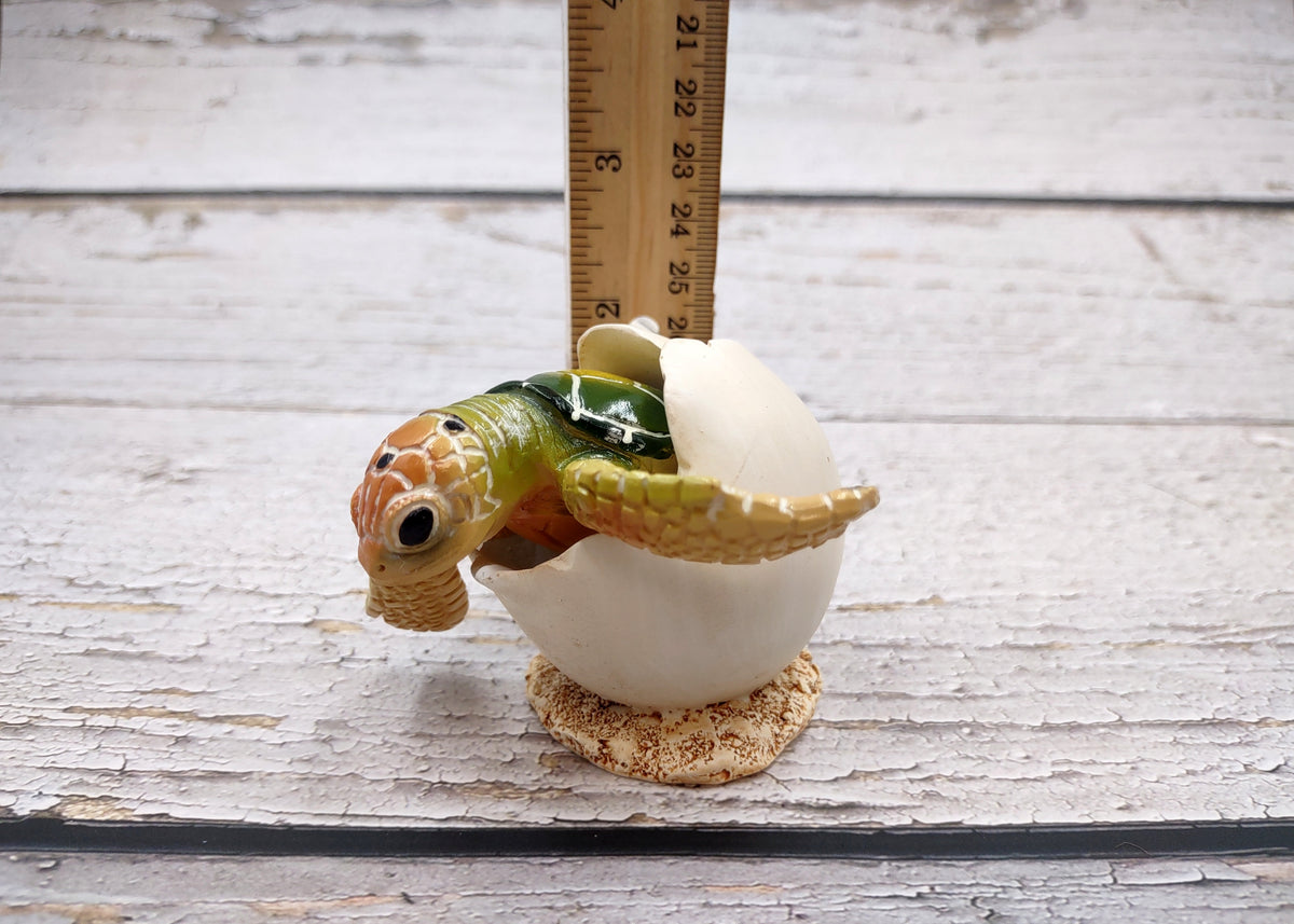 Green Baby Sea Turtle Hatching Figure (1 turtle approx. 3+ inches) Green Painted Resin Baby Turtle Egg Figure for coastal home décor!