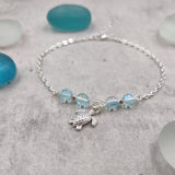 Sea Turtle Anklet Aqua Blue Beads Silver Color (approx. 9+ inches AROUND) Cute Blue Sea Turtle Charm Anklet for any beachy outfit!