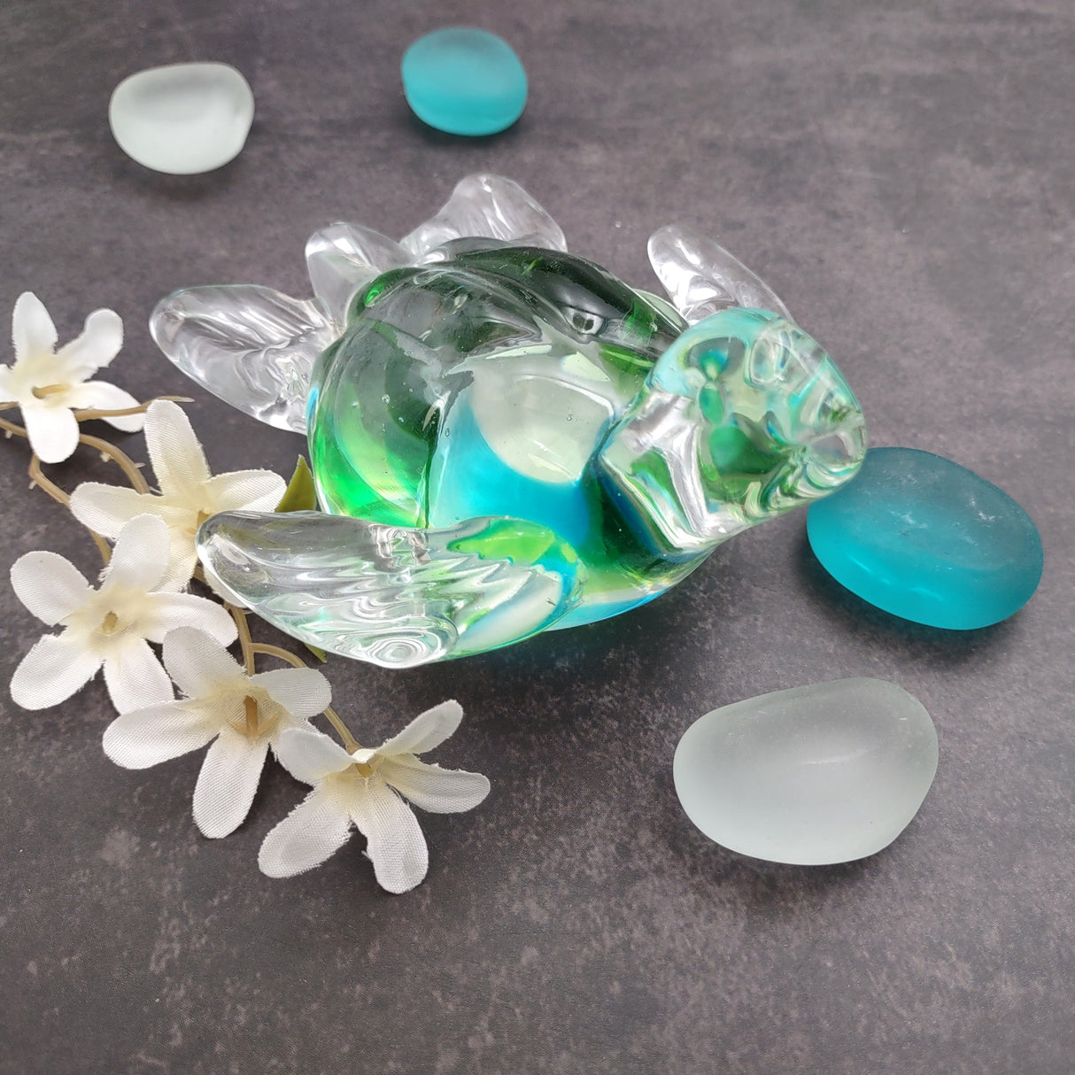 Glass Sea Turtle Figurine Spiral Aqua Green (1 figure approx. 4.5 inches long) Blue Green Glass Sea Turtle for home decor & gifting!