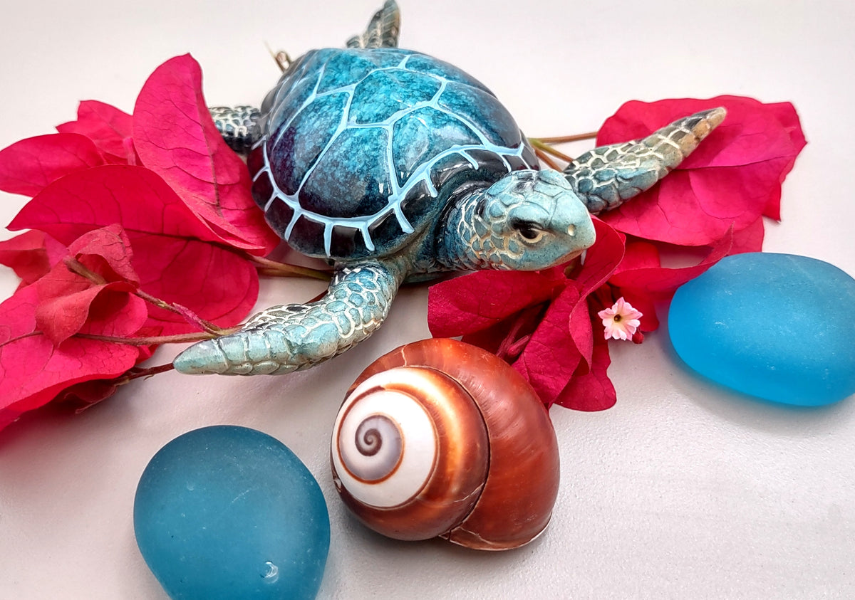 Blue Sea Turtle Figurine Painted Resin (1 turtle approx. 4+ inches long) Blue Painted Resin Sea Turtle Figure for coastal home décor!