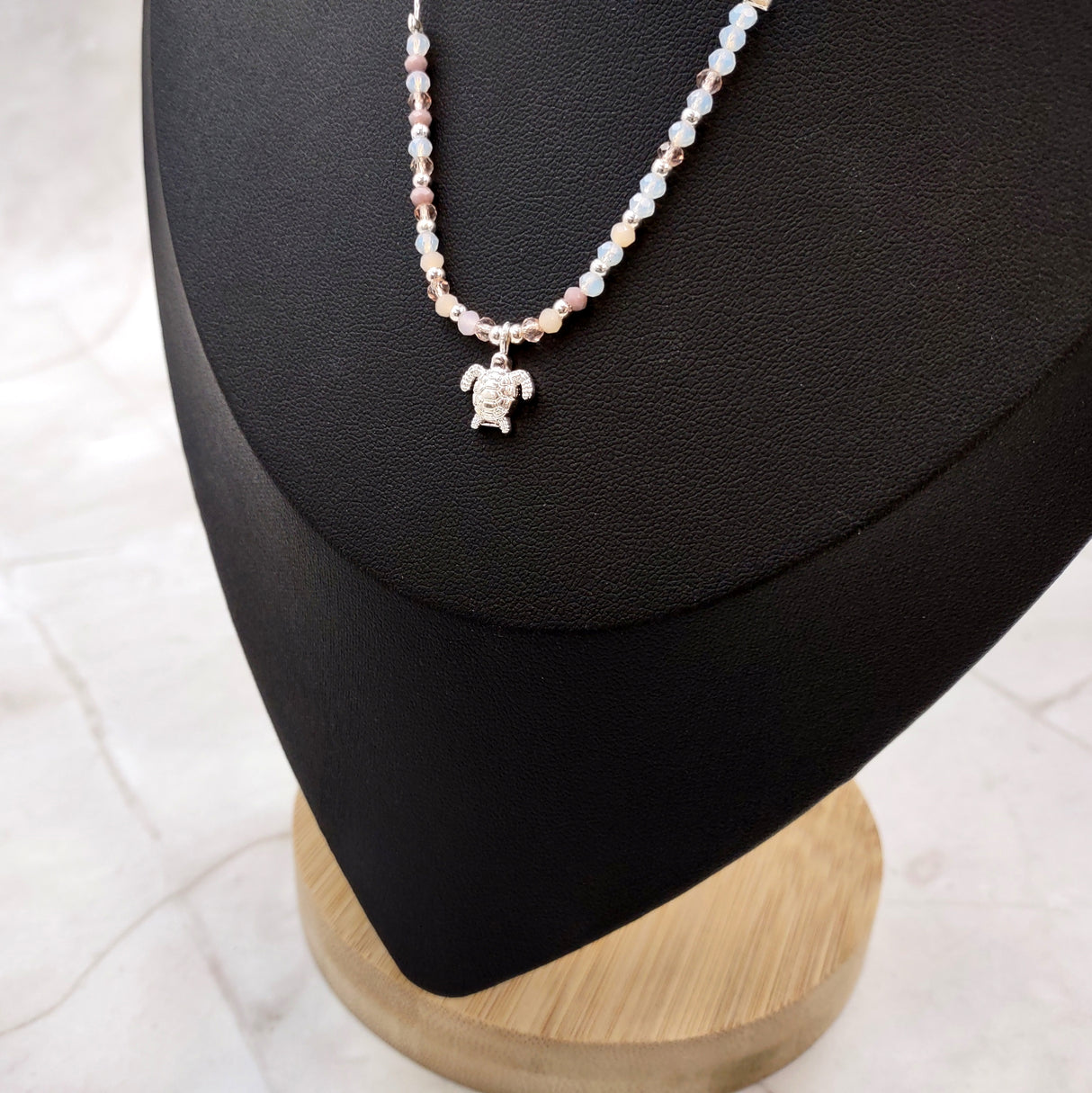 Sea Turtle Charm Necklace Pink Peach White Beads Silver Color (approx. 14+ inches AROUND) Sea Turtle Necklace Jewelry for seaside wear!