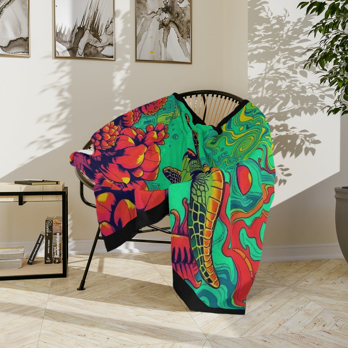 Colorful Sea Turtle Near Atlantis -Themed Velveteen Microfiber Blanket - 3 Sizes