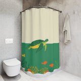 Green and Off White Swimming Sea Turtle Shower Curtains - Coastal Bathroom Decor