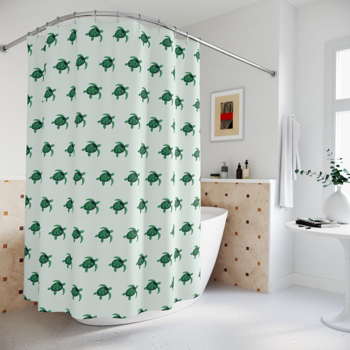 Green and Sea Foam Sea Turtle Shower Curtains - Coastal Bathroom Decor